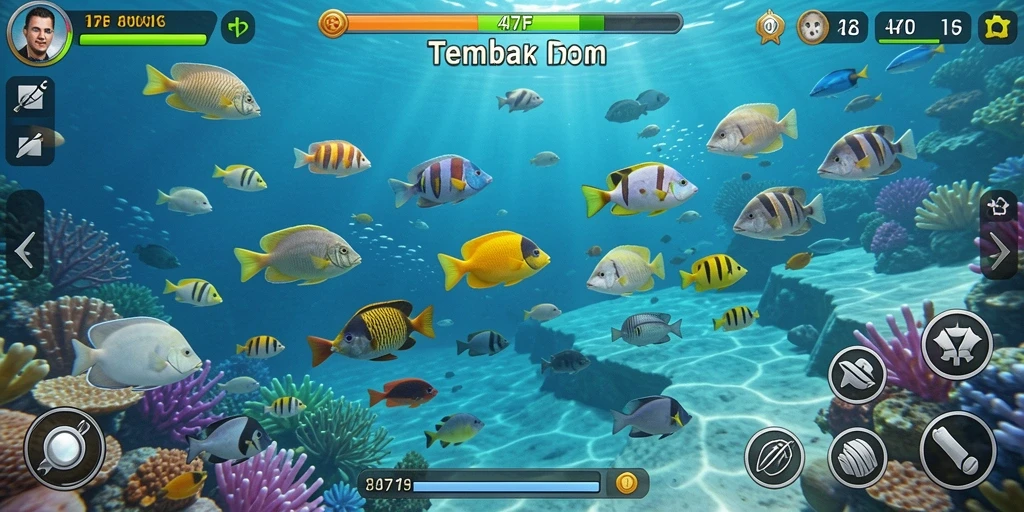 Tangkapan layar utama 47F menampilkan aksi seru menangkap ikan.