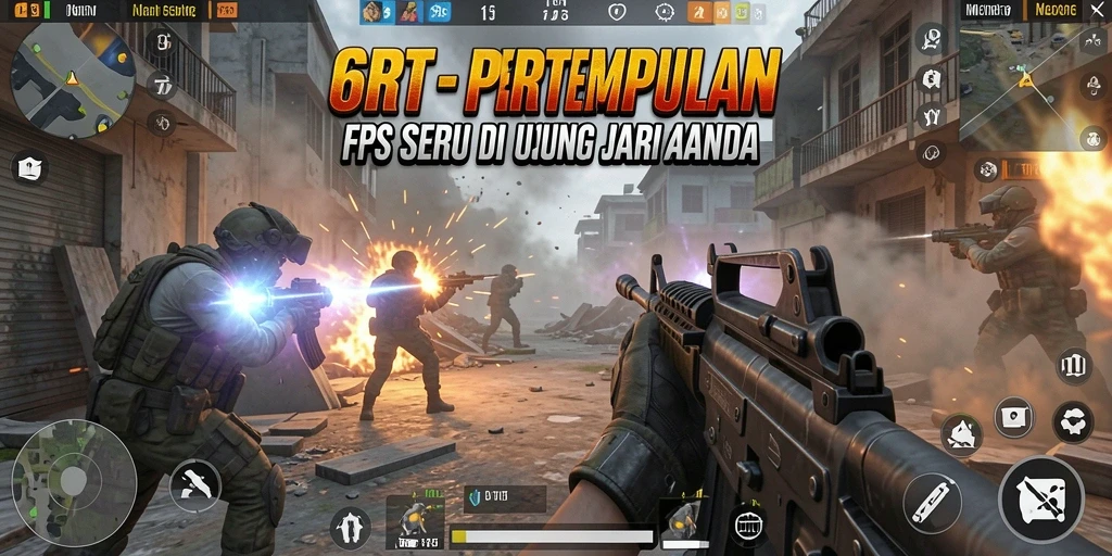 Screenshot gameplay 6RT menampilkan aksi seru pertempuran FPS.