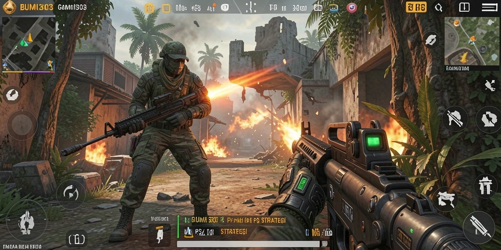 Tampilan menegangkan gameplay BUMI303 dengan aksi FPS yang cepat.
