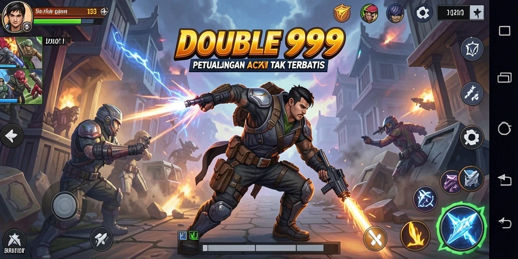 Screenshot utama menggambarkan aksi seru dalam pertempuran di <strong>DOUBLE999</strong>.