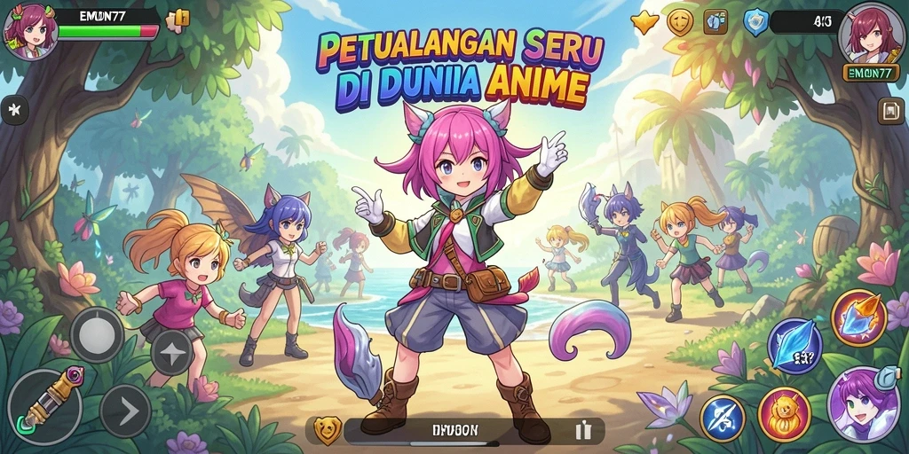 Gameplay seru dengan karakter anime penuh warna.