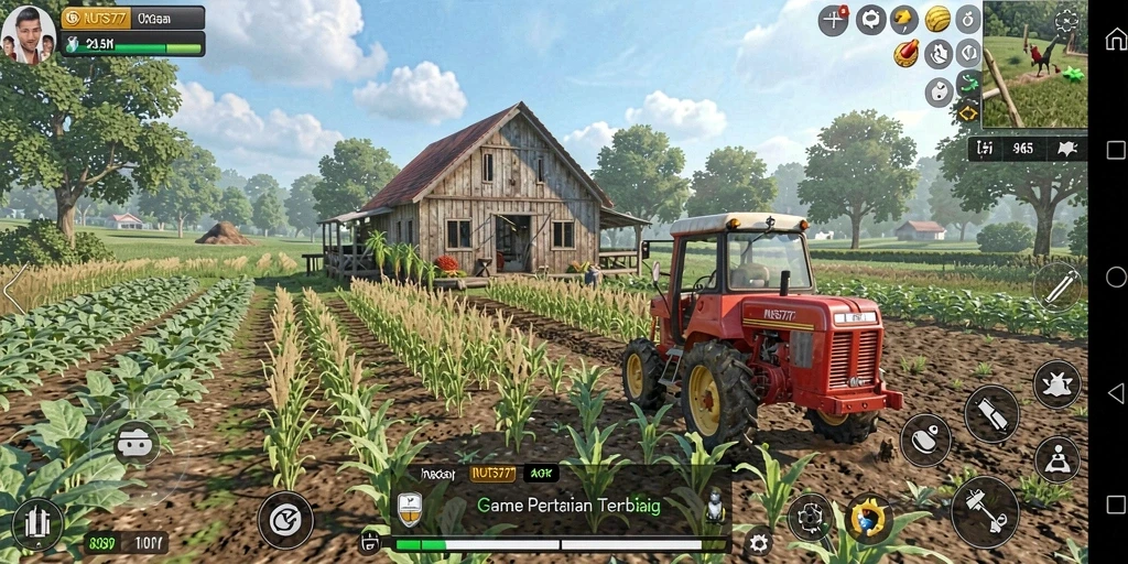 Screenshot gameplay NUTS777 dengan kebun yang indah dan subur.