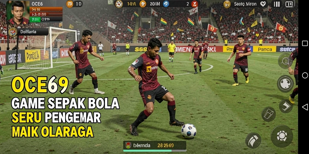 Gambar layar OCE69 yang menunjukkan pertandingan sepak bola yang seru.