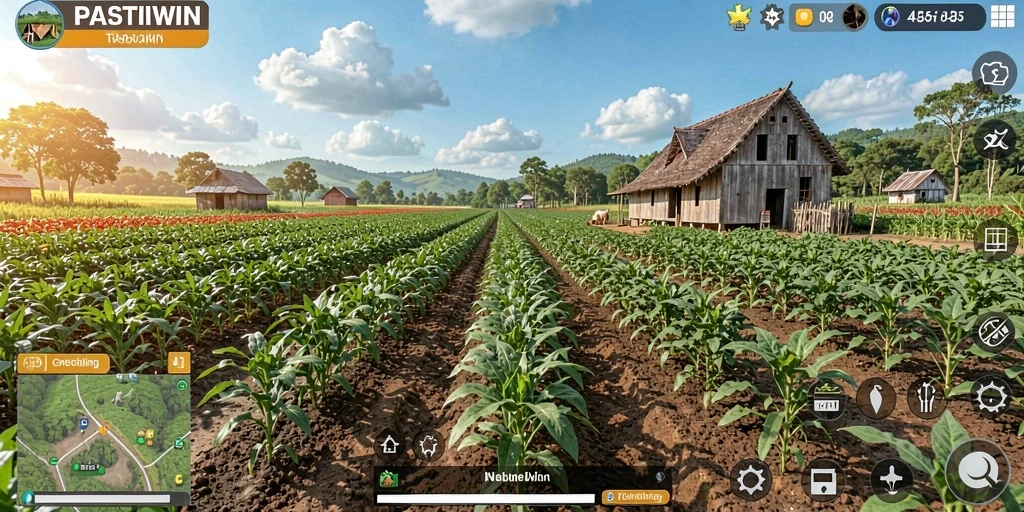 Screenshot gameplay pertanian yang menampilkan ladang subur dan tanaman yang beragam.